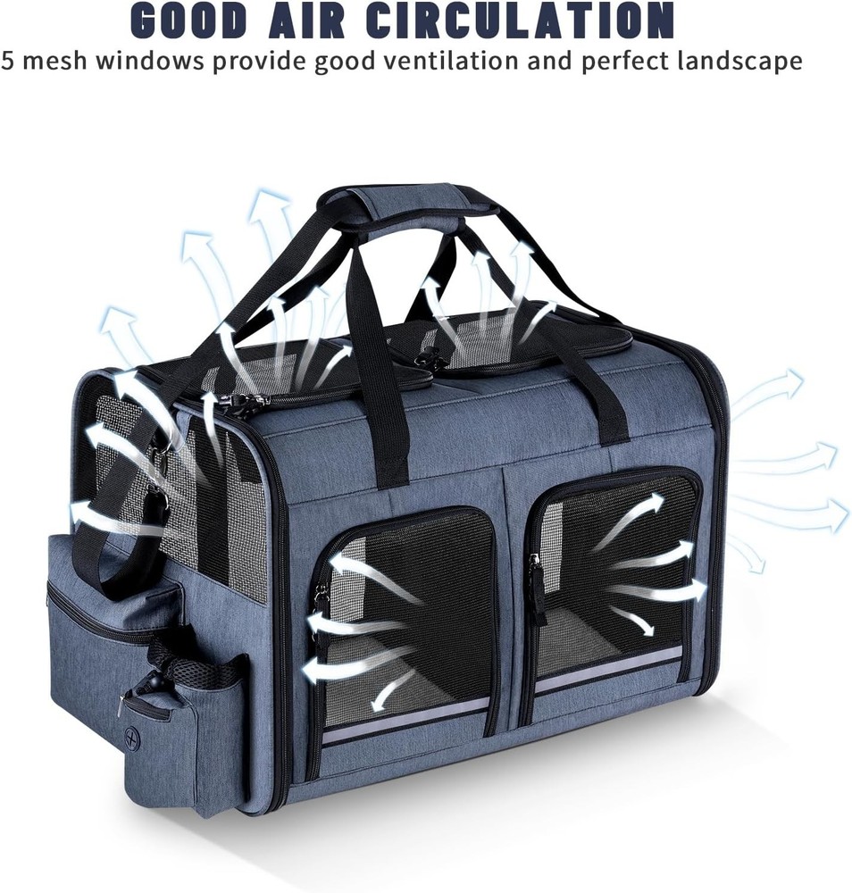 Stylish 2 Cat Carrier with Front Zippered Compartments - Foldable Grey Design