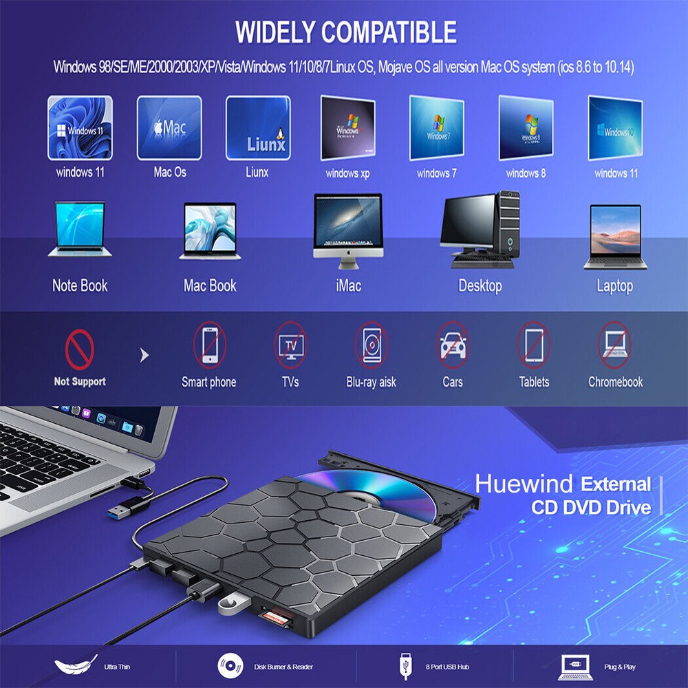 Slim External CD DVD Drive USB 3.0 Disc Player Burner Writer For Laptop Mac PC