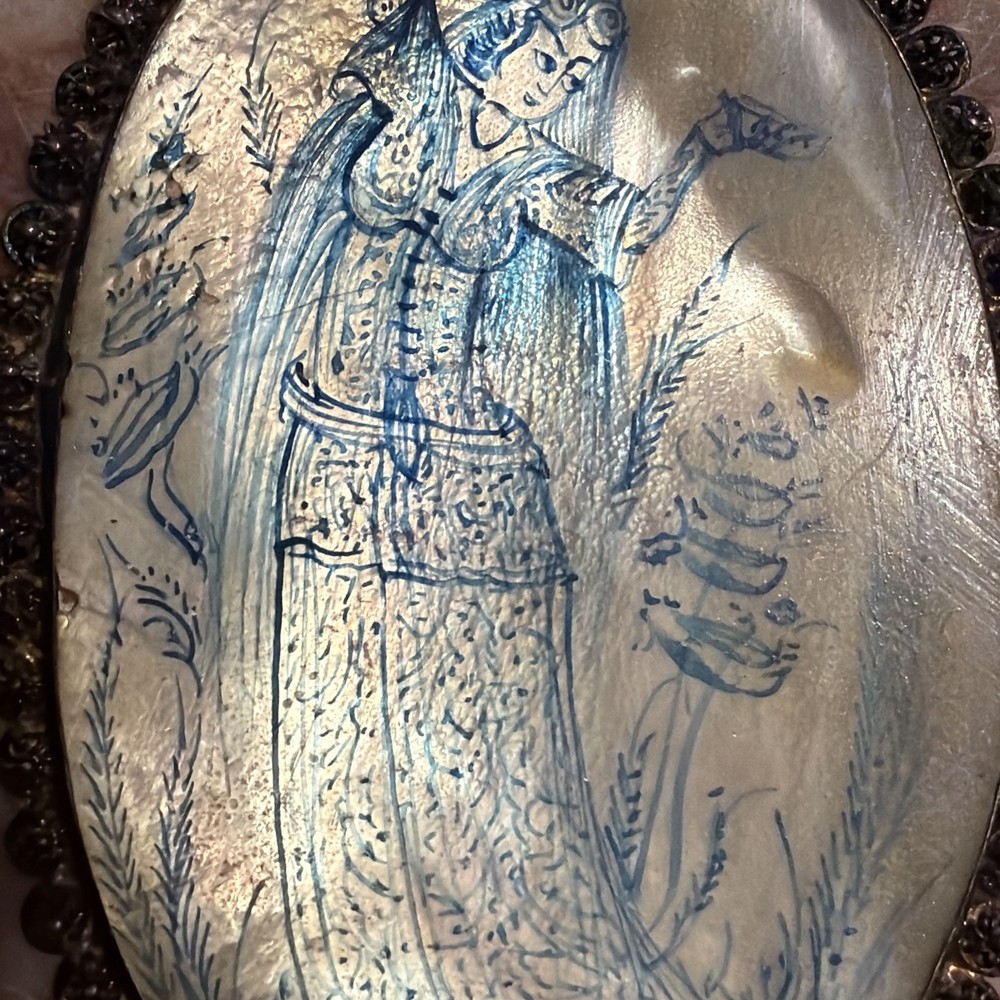 Antique Persian Miniature Hand Painted Shell Sterling Silver
