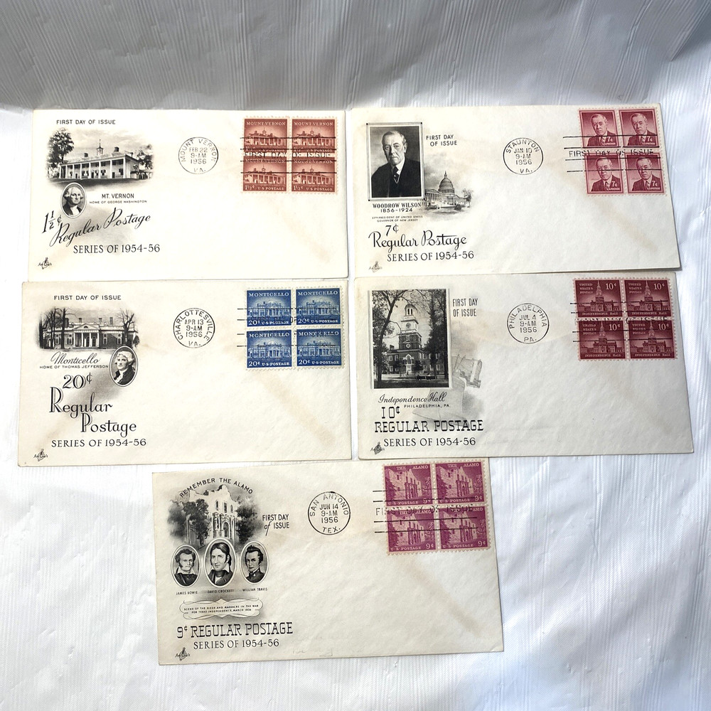 1956 Regular Postage FDC Stamp Lot 5 Art Craft Cachets All First Day Issue