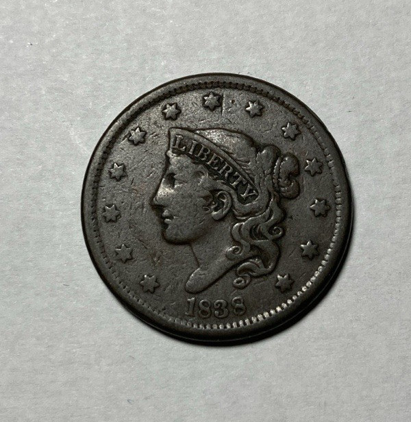 1838 Coronet Large Cent Choice Original Fine+