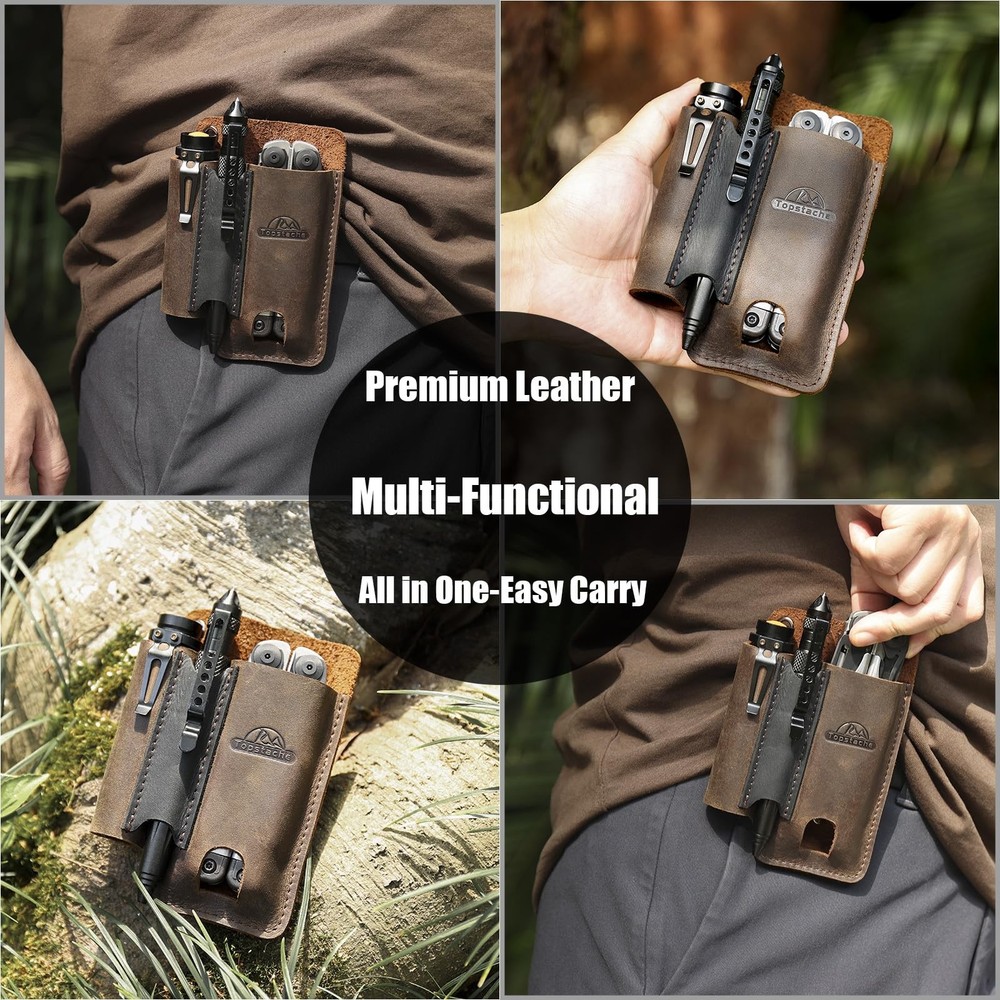 Topstache Leather Multitool Sheath: EDC Belt Organizer, Flashlight Pen Holder