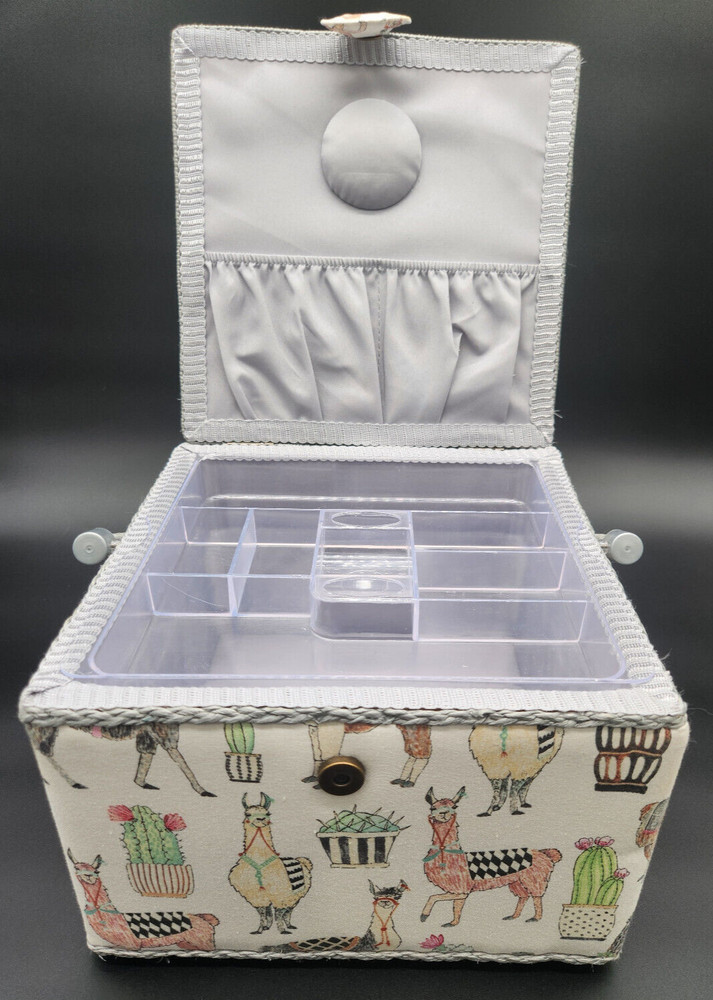 Llama Sewing Craft Box w/ Handle & Removable Accessory Tray Fabric Covered NEW