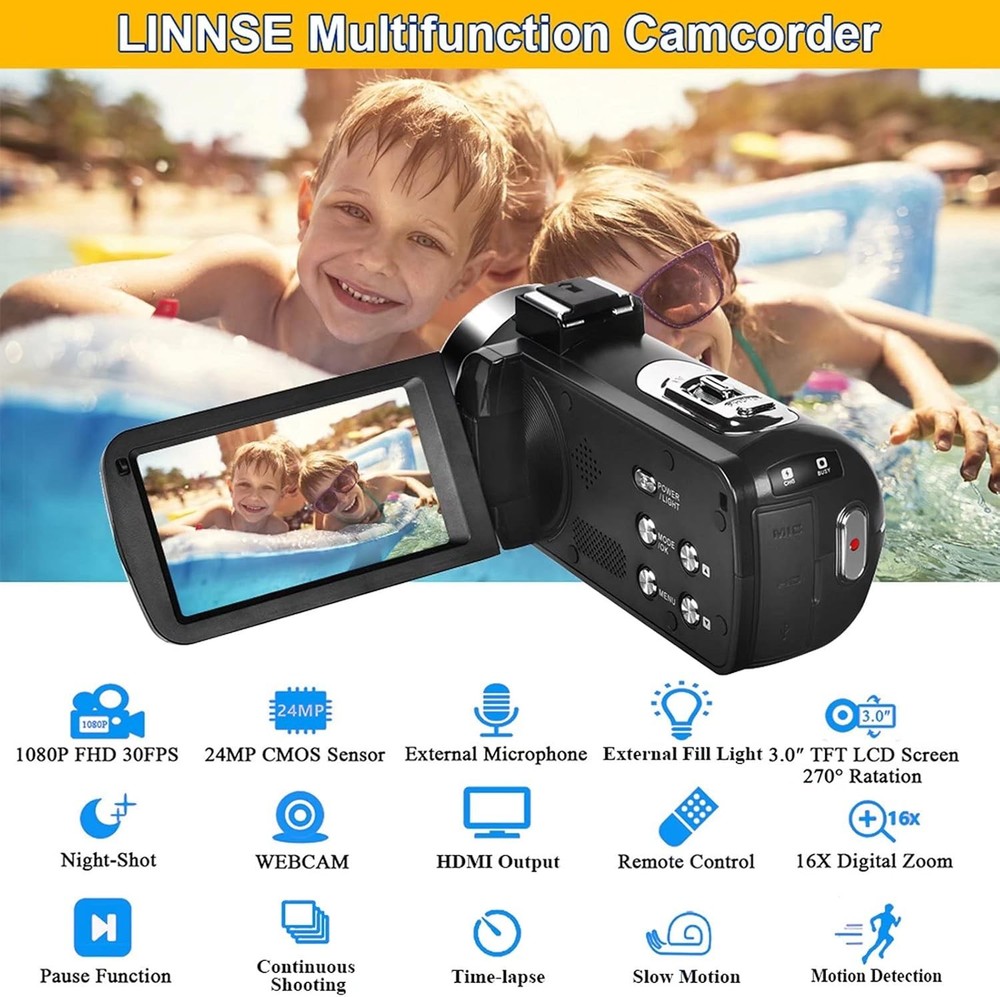 IR Night Vision Camcorder - 1080P Full HD, Remote Control & Time-Lapse Features