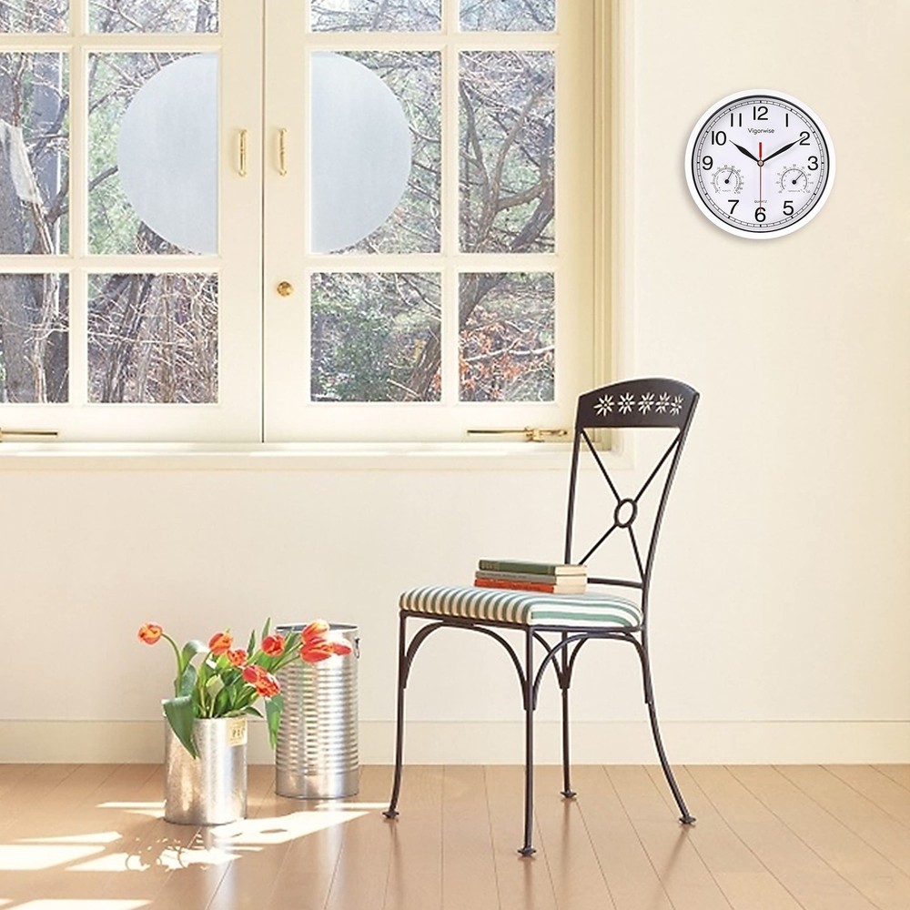 8 Inch White Wall Clock, Sweep Silent Movement Accurate Clocks with Temperatu...
