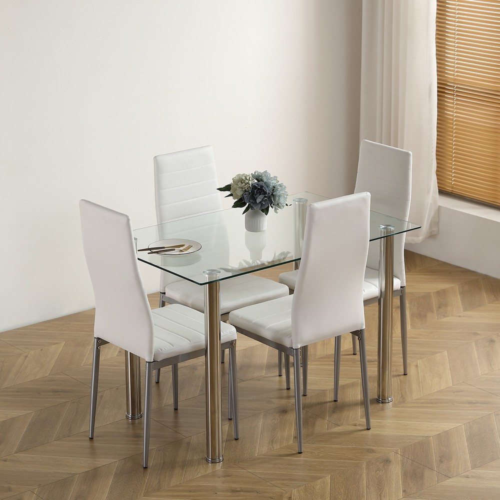 5pcs/set Dining Table Set Kitchen Tempered Glass Dining Table + 4 Chairs White