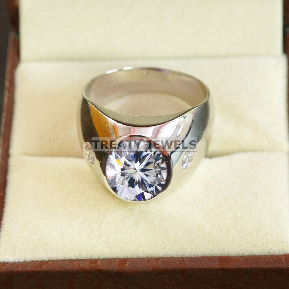 Moissanite Oval Cut Gemstone With 14K Solid White Gold Ring For Men's #B278