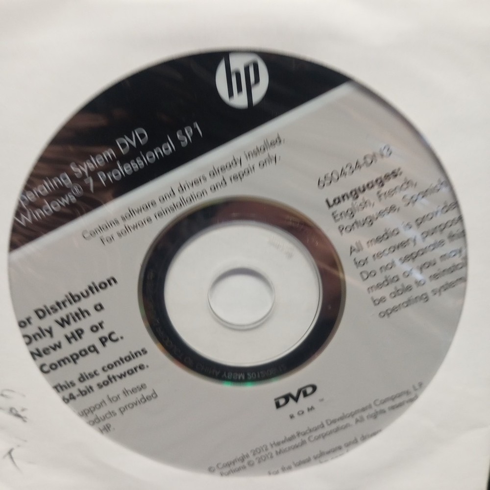 HP Operating System DVD Windows 7 Pro Sp1 64-bit 2012 Software & Drivers Install
