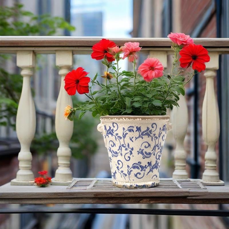 Vintage Planter Flower Pot Rustic Container with Handle Ceramic Ice Crack Blue