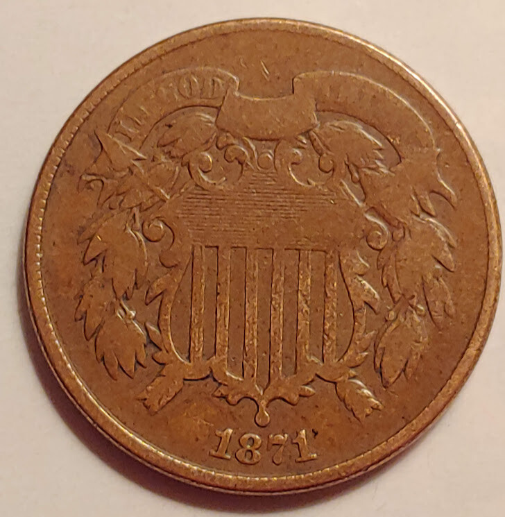 Scarce 2 Two Cent Shield Copper Coin 1871, High Grade.  - C8589