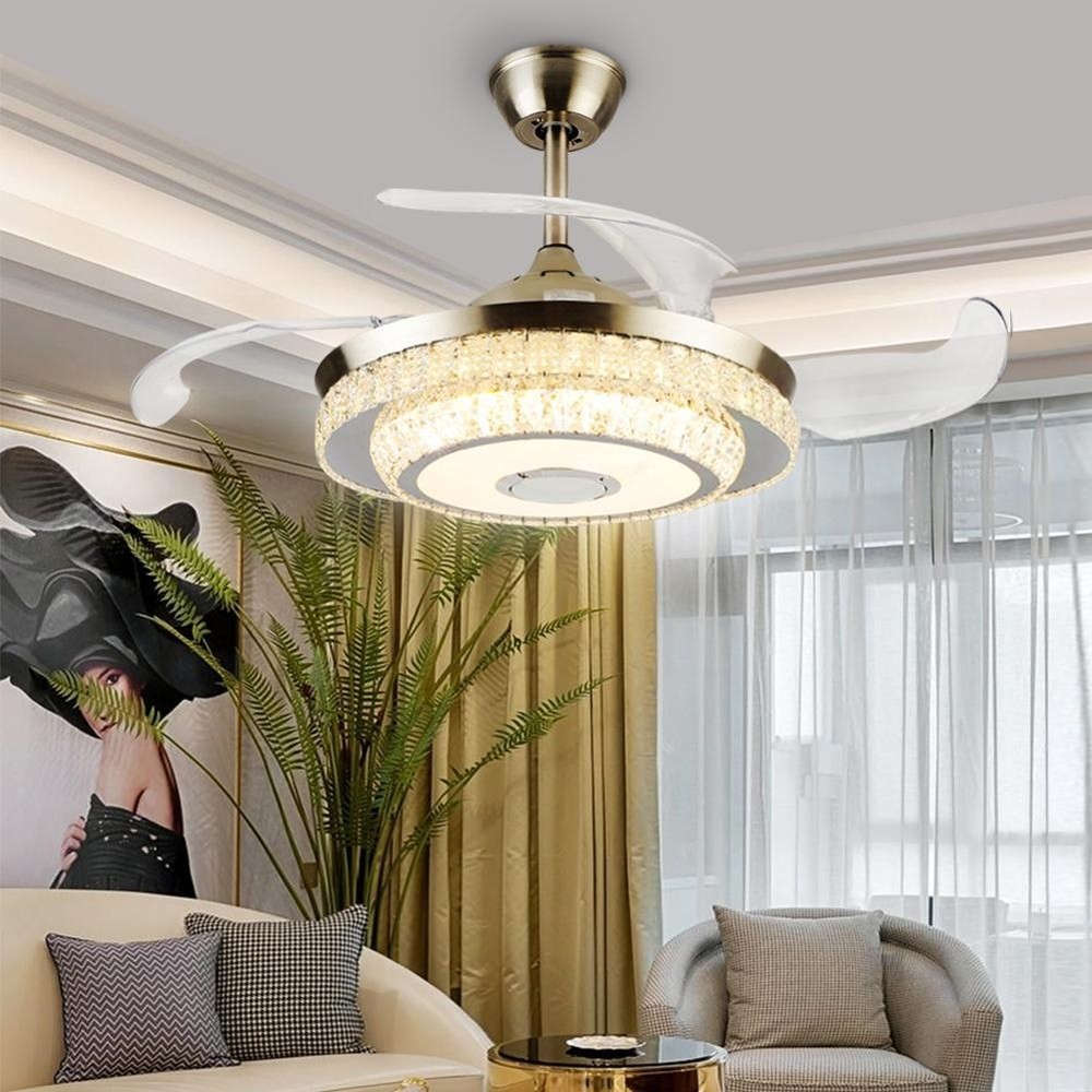 Bluetooth Crystal Ceiling Fan with Light – Retractable Blades, Dimmable LED