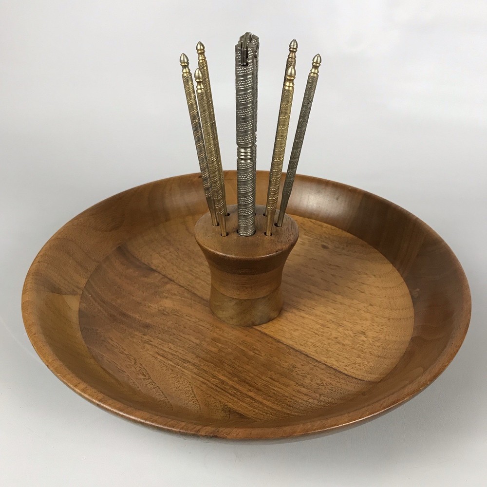 Vintage Solid American Walnut Wood Nut Serving Bowl Dish w/ Tools Cracker Picks