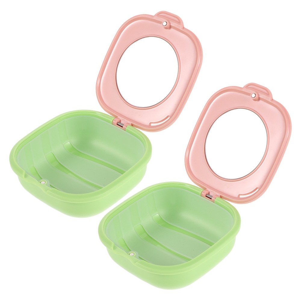 2 Pcs Denture Container Cute Slim Retainer Aligner Case with Mirror