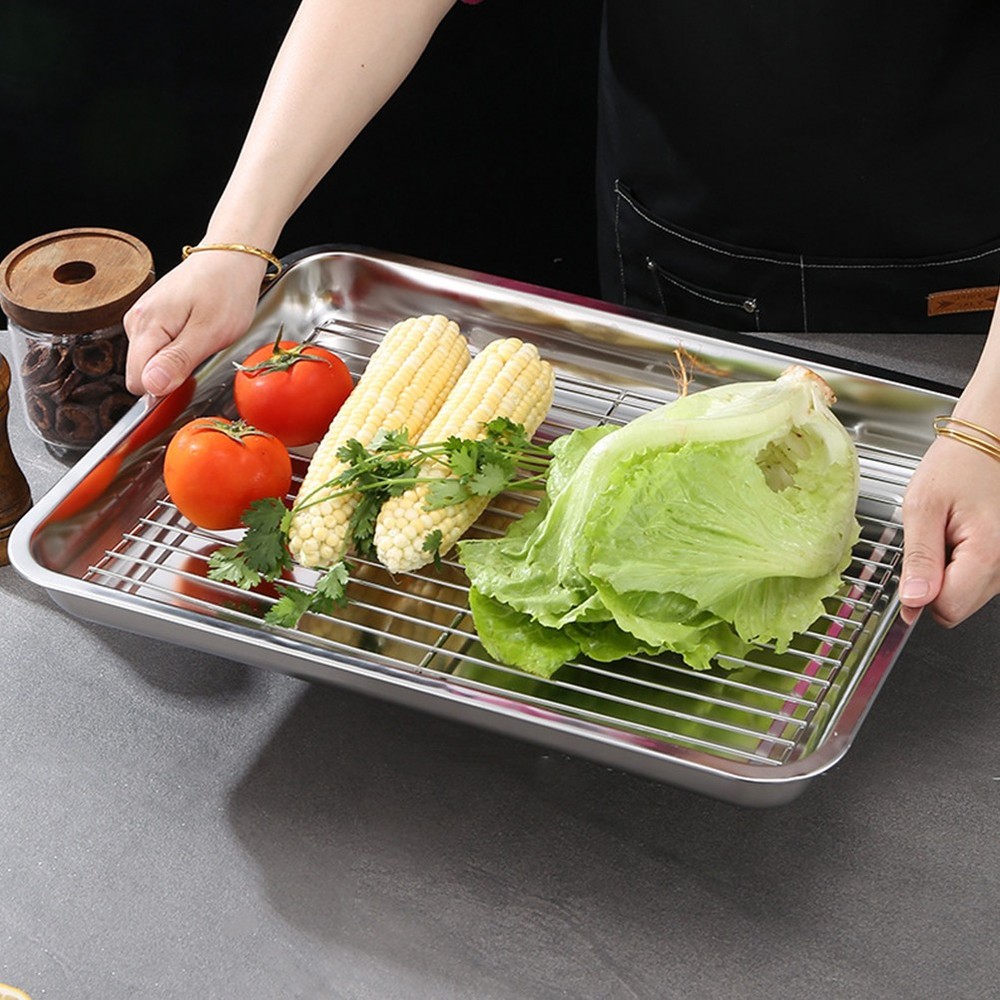 3pcs Heavy Duty Oven Pan Stainless Steel Rectangular Deep Edged Tray