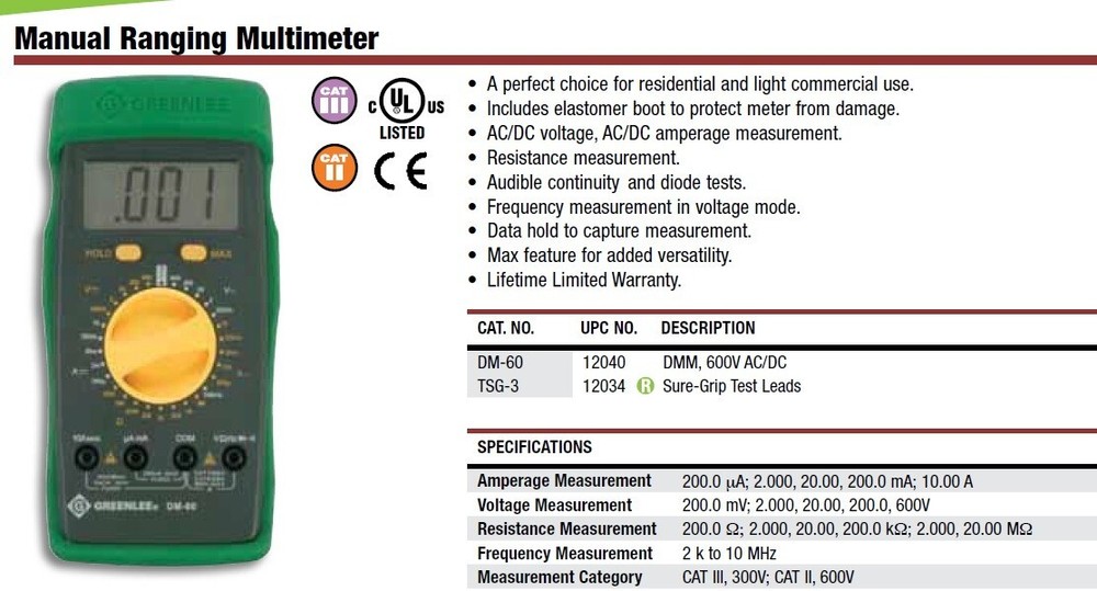 Greenlee DM-60 Manual Ranging Multimeter