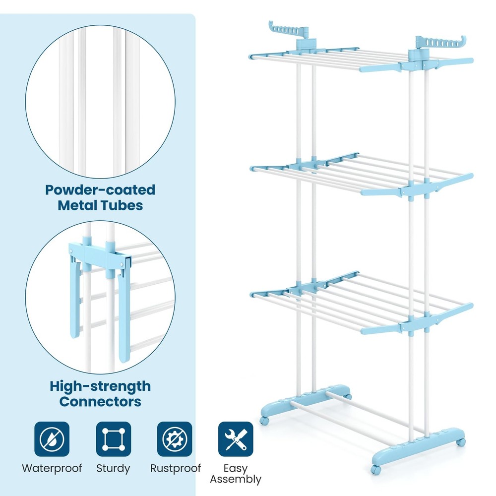 Foldable Clothes Drying Rack, Oversized 4-Tier Collapsible Laundry Rack w/ 3 ...
