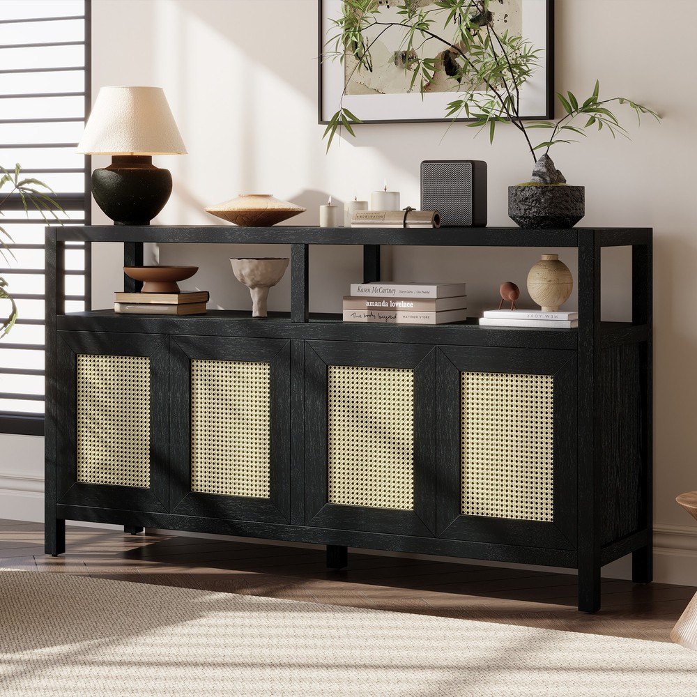 TREXM Bohemian Style Rattan Buffet Storage Cabinet with Solid Wood Frame, Side