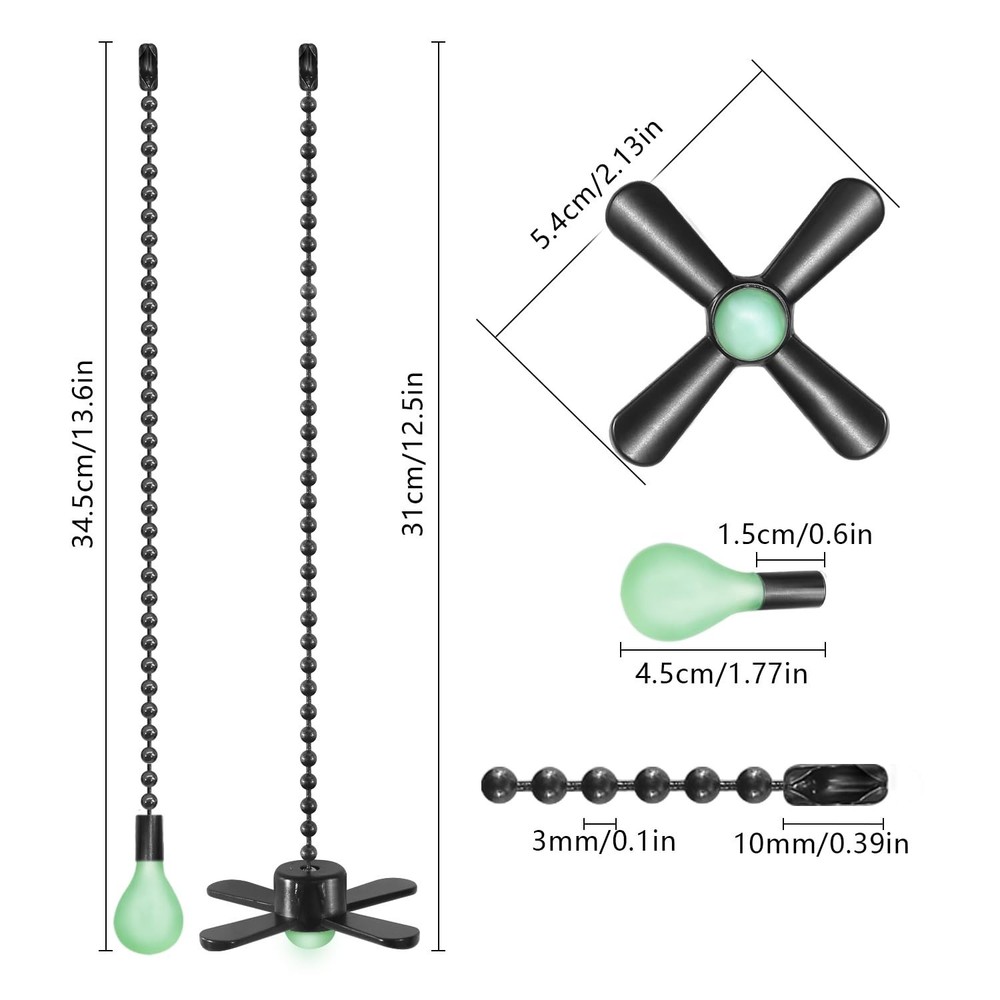 Black Ceiling Fan Pull Chain Set, 2Pack 3mm Diameter Beaded Fluorescent Decor...