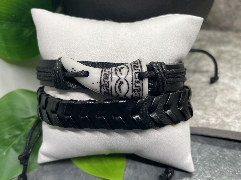 2 PC PU Leather Wood Bracelet Stackable Adjustable Tie Free Ship B3297