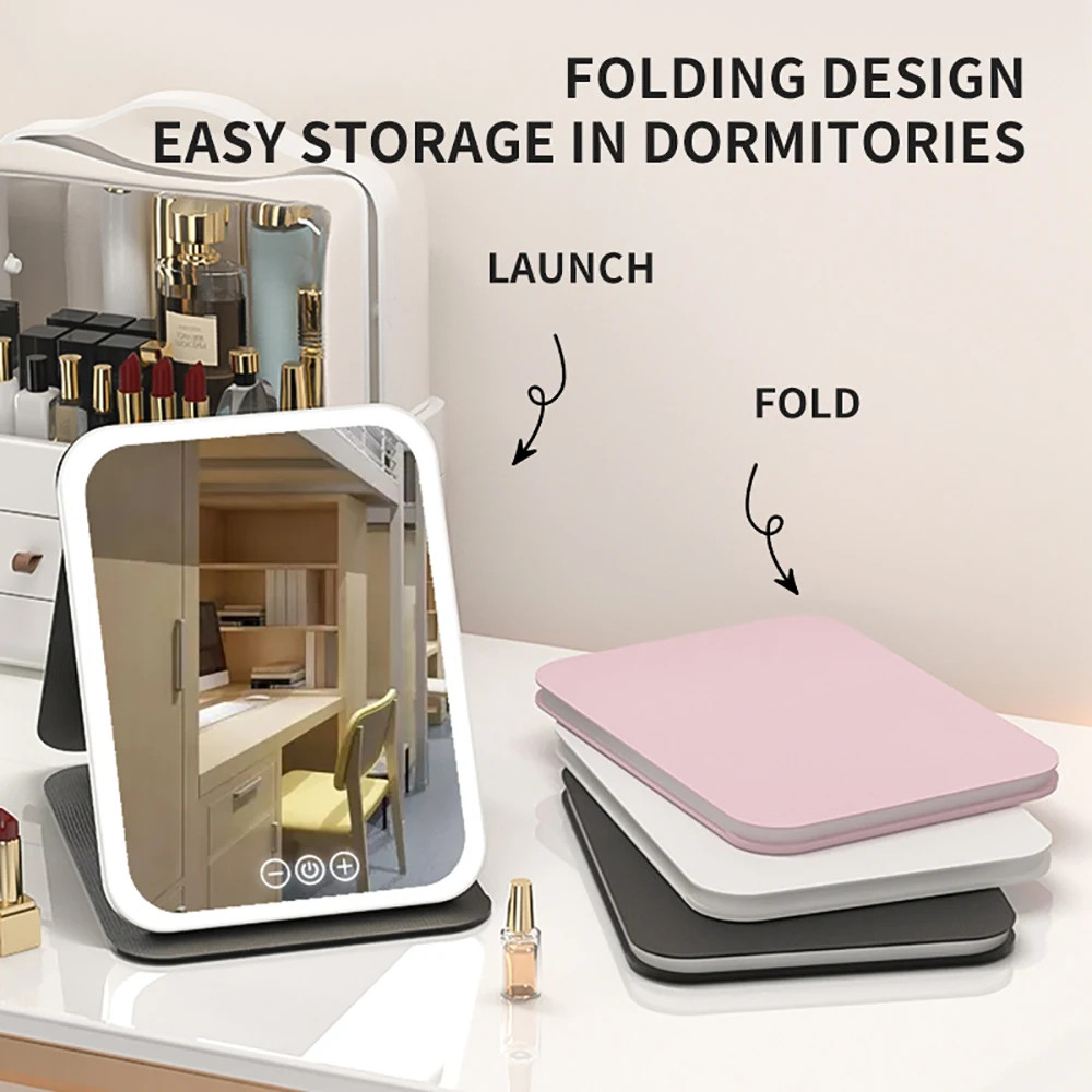3-Color Dimmable LED Makeup Mirror with Touch Control Foldable Travel Mirror,Van
