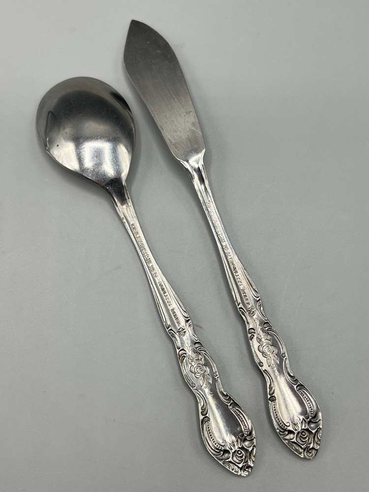 Orleans Rose Stainless Flatware Serving Set Sugar Spoon Butter Knife Scroll Edge