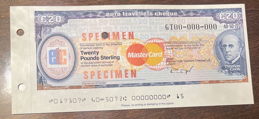 Thomas Cook Travellers 20 Pound Specimen Cheque UNC