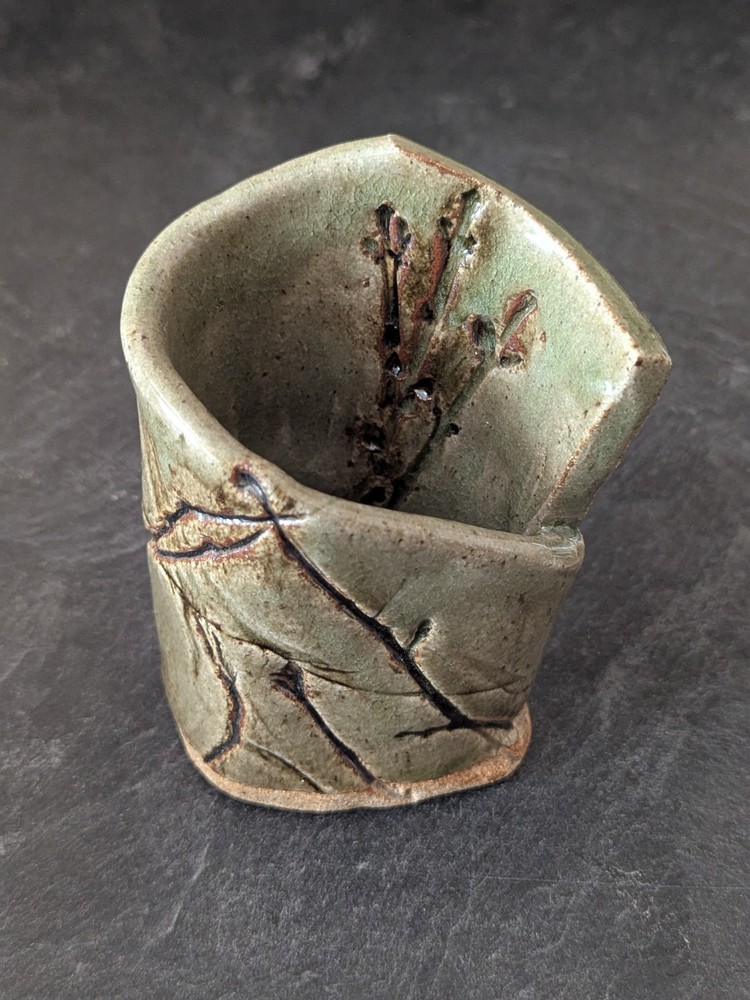 Studio Pottery Foldover Vase - Textured Inlaid Design Green & Brown *Signed