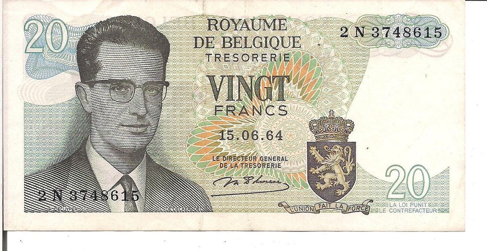 BELGIUM, 20 FRANCS, 1964