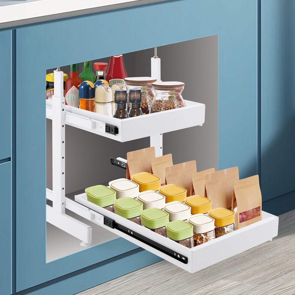 2-Tier Expandable Pull-out Cabinet Slide Out Organizer Drawers for Cabinet White