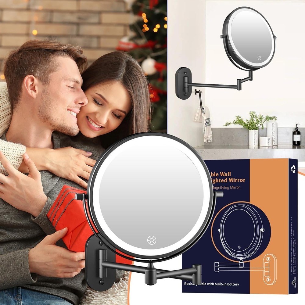 1X/30X Wall Mounted Makeup Mirror with Light, 8 Rechargeable Double-Sided Ma...