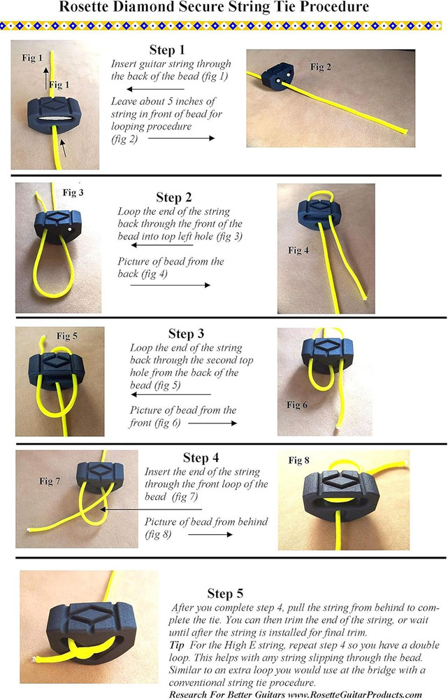 Rosette Diamond Secure Classical Guitar String Ties / New Low Profile BridgeBead