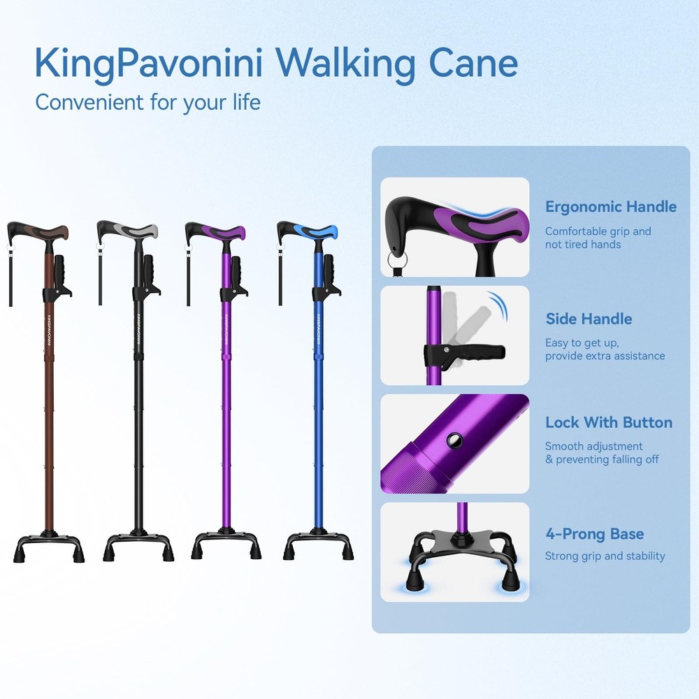 Walking Cane For Women Men Second Handle Foldable Adjustable Quad 4Pronged