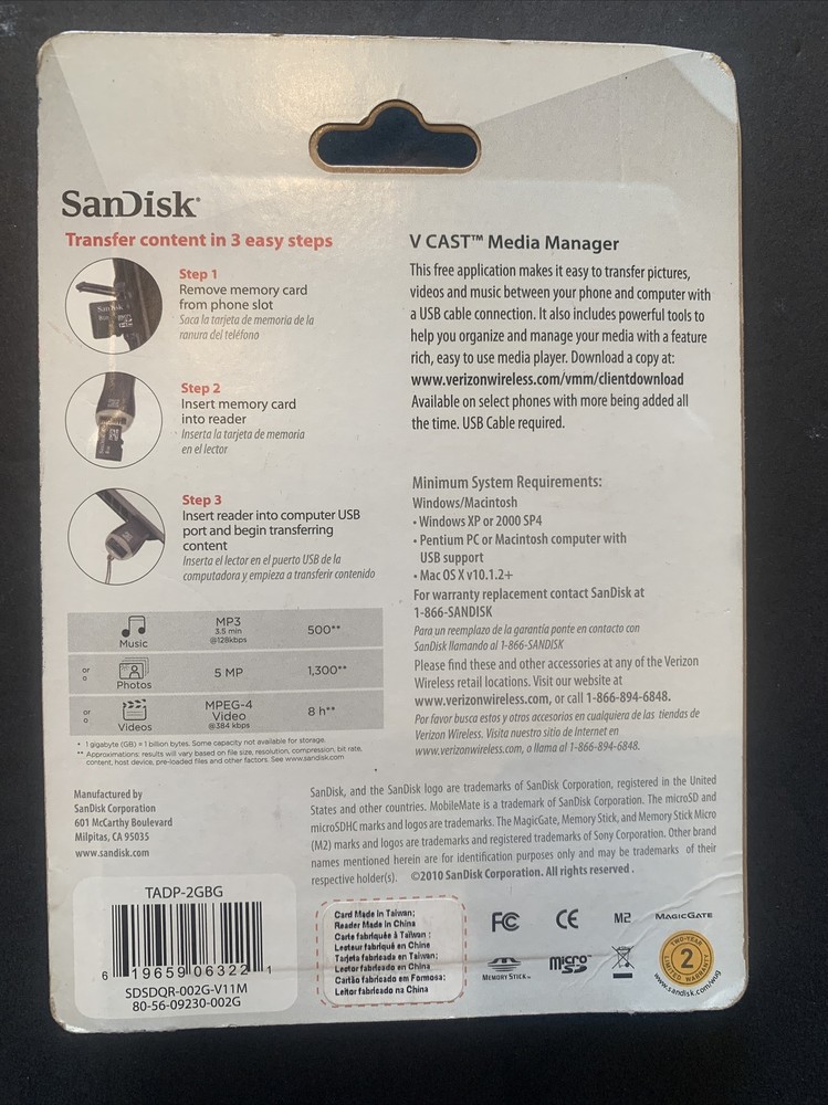 Verizon SanDisk 2GB Memory Card & MobileMate Micro Memory Card Reader 