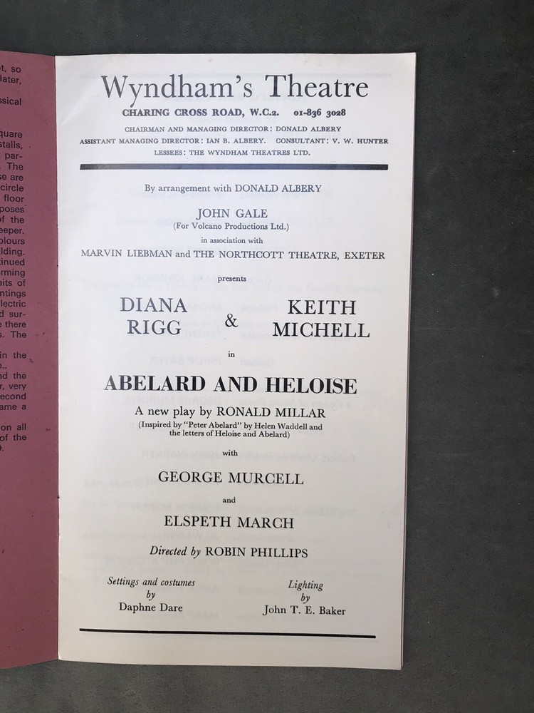 Abelard & Heloise Theatre Programme Diana Rigg