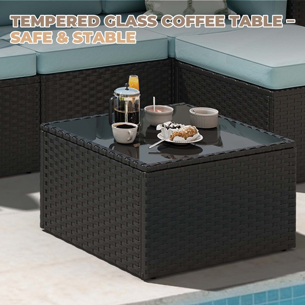 3-Piece Black Rattan Conversation Set Sofa Ottoman Table Blue