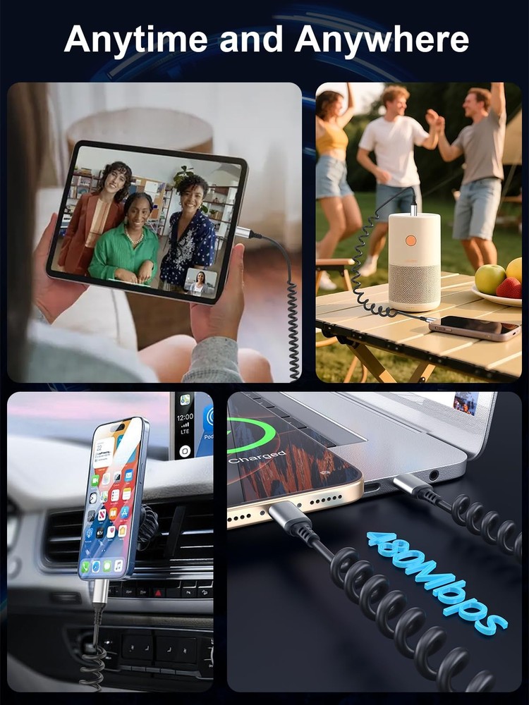 Coiled USB C to C Cable 3FT, 2 Pack Retractable C Black