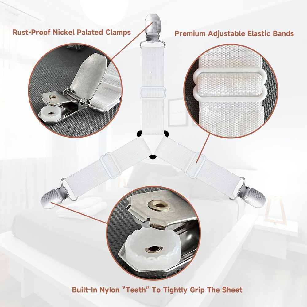 4Pcs Adjustable Bed Sheet Fasteners Suspenders, Elastic Sheet Band Strap