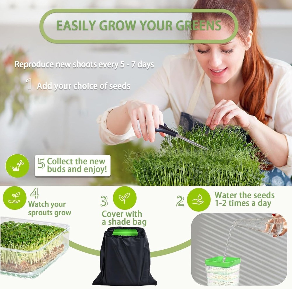 4-Tier Seed Sprouting Kit / Drain Holes & Tray, Stackable / Seed Sprouter Tray
