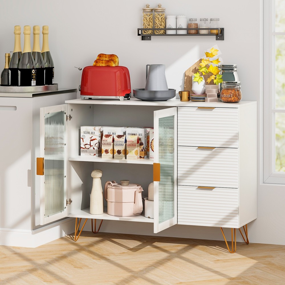 Buffet Server Sideboard w/ 2 Tempered Glass Doors & 3 Drawers for Kitchen White