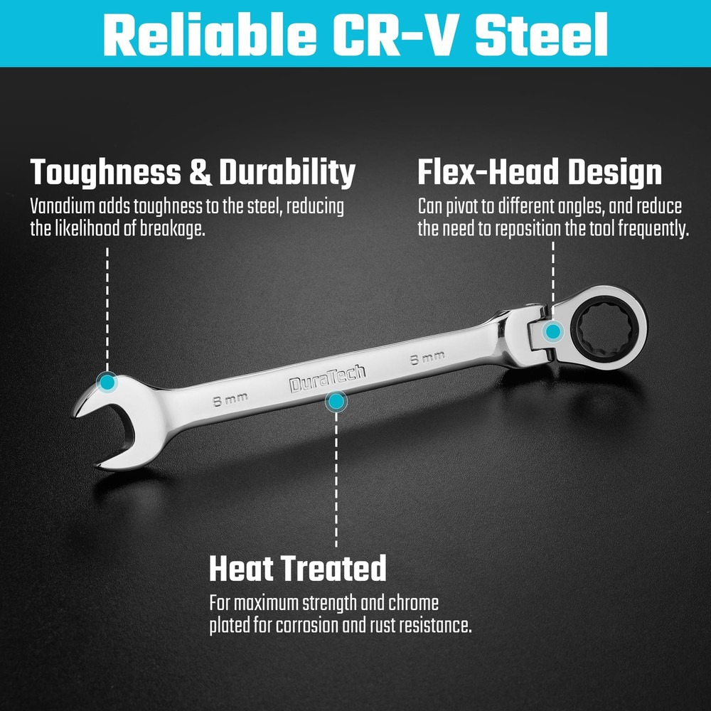 DURATECH 8mm Flex-Head Ratcheting Combination Wrench, Metric, 8mm, Silver