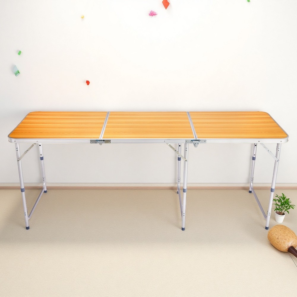 Folding Camping Table 6ft - Adjustable Height, Aluminum & Wood Grain Patio Table