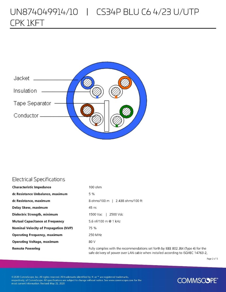 Commscope CS34P 23/4P Cat6 U/UTP WebTrak Plenum CMP Network Cable Blue /100ft
