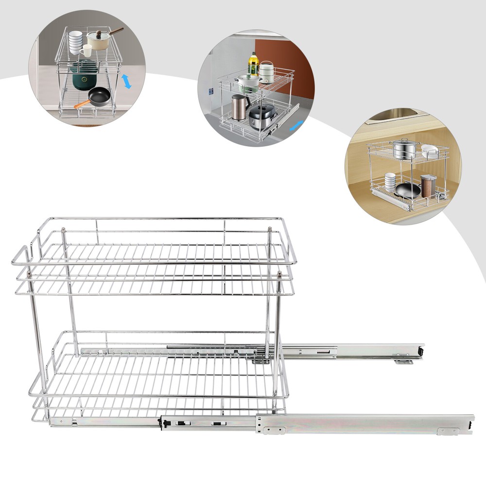 2 Tier Kitchen Cabinet Pull Out Shelf and Drawer Organizer Slide Out Gray/Silver