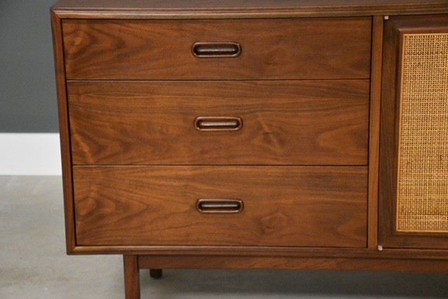 Refinished 52” Walnut and Cane Credenza by Founders