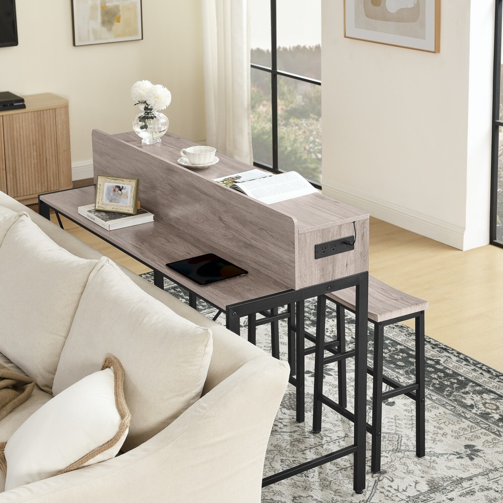 4 Piece Bar Table Set Bar Table with 3 Bar Stool & LED light & USB Ports