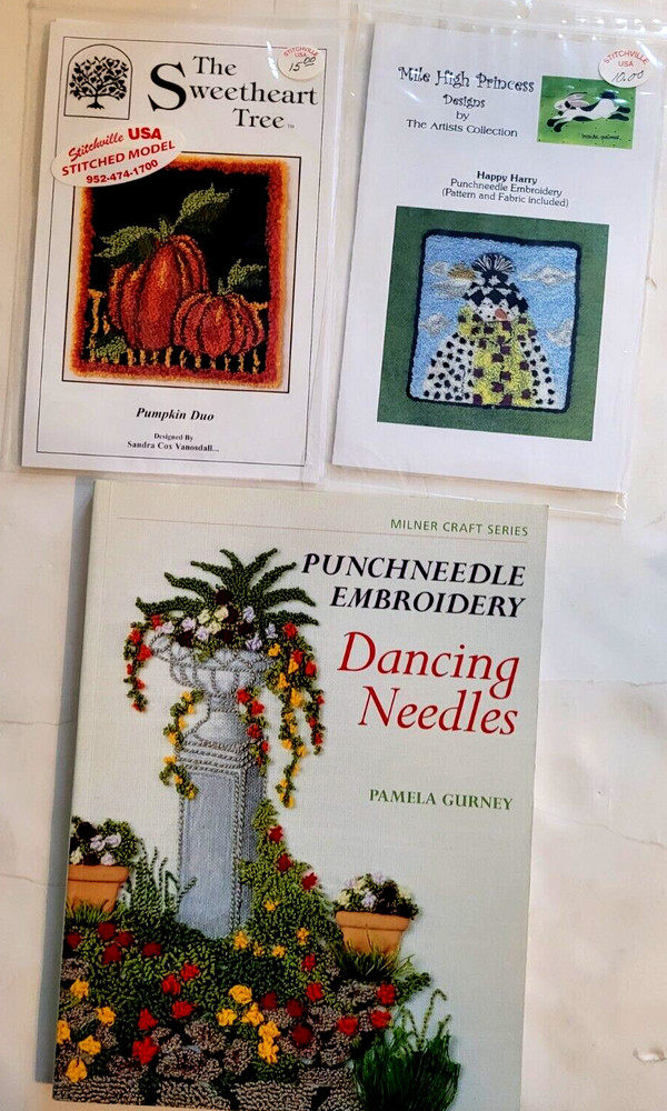 2 patterns (partial kits), 1 book, Happy Harry, Pumpkin Duo, Dancing Needles