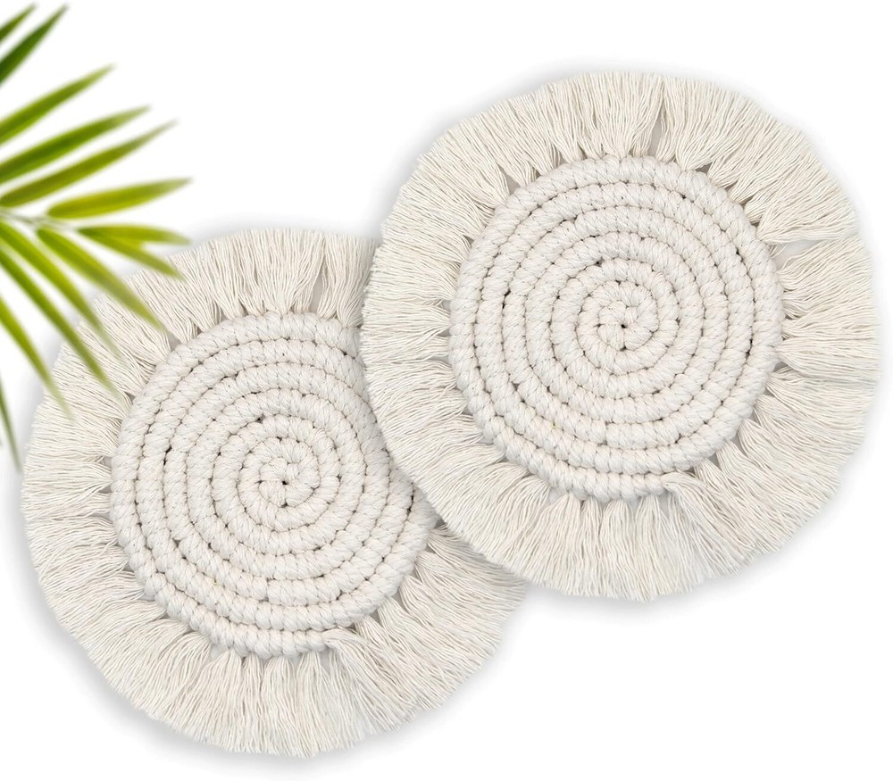 Coasters for Drinks Absorbent, Boho Wooden Table, Beige (2pcs)