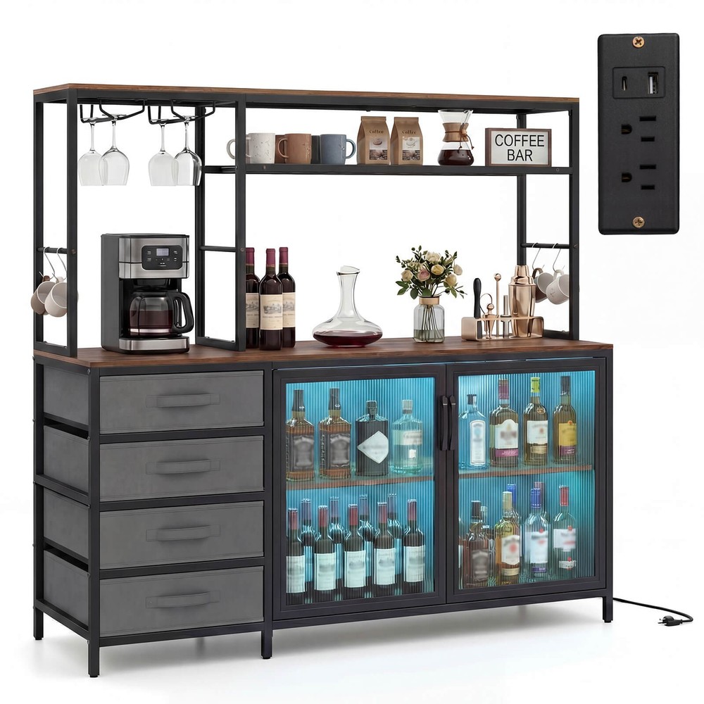 Sideboard Buffet Cabinet w/ LED Lights, 55" Coffee Table w/ Power Outlets