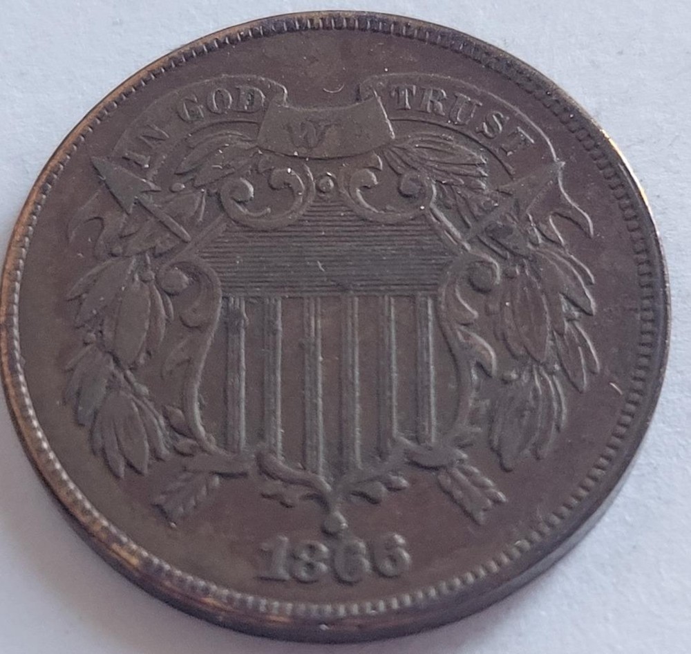 1866 US SHIELD PENNY 2 CENT VF DETAILS