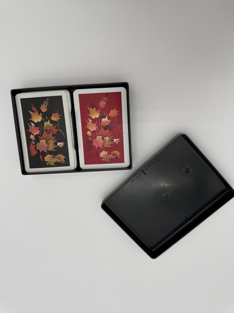 Vintage KEM Plastic Playing Cards Double Deck Leaf Pattern w/ Case missing cards